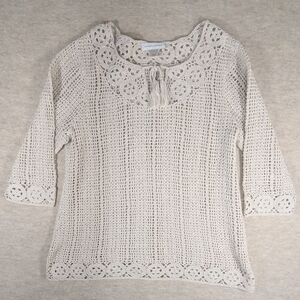 100% Cotton Gorgeous Oatmeal Beachy Natural Boho Crunchy Crochet Top Open Knit L